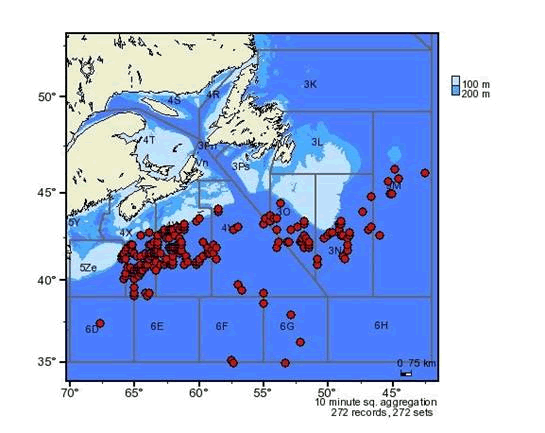 Map showing locations of Loggerhead Sea Turtle captures recorded by at-sea observers on Canadian pelagic longline fishing trips from 1999 to 2008.