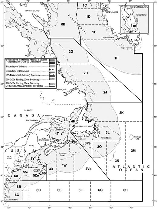 Map of Northwest Atlantic Fisheries Organization zones.