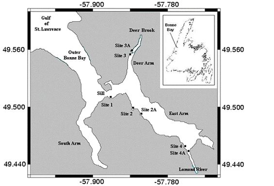 Map of Bonne Bay on the Island of Newfoundland.