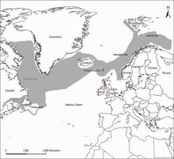 Map of the North Atlantic distribution of Deepwater Redfish.