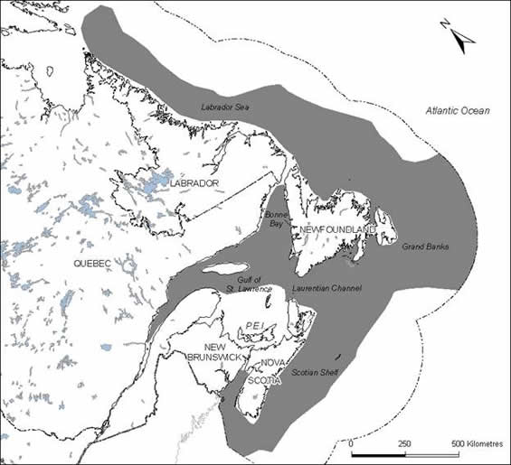 Map of the Canadian distribution of Acadian Redfish.