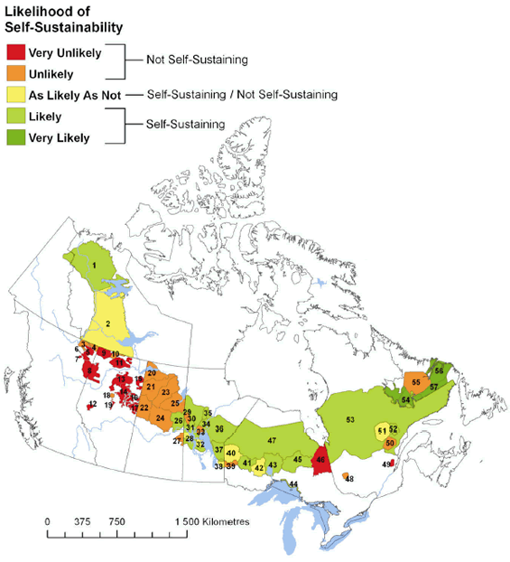 Executive summary Figure 1 & Figure 14. Map of the 57 boreal caribou ranges in Canada. Each range is categorized as either very unlikely, unlikely, as likely as not, likely or very likely of maintaining a self-sustaining population.