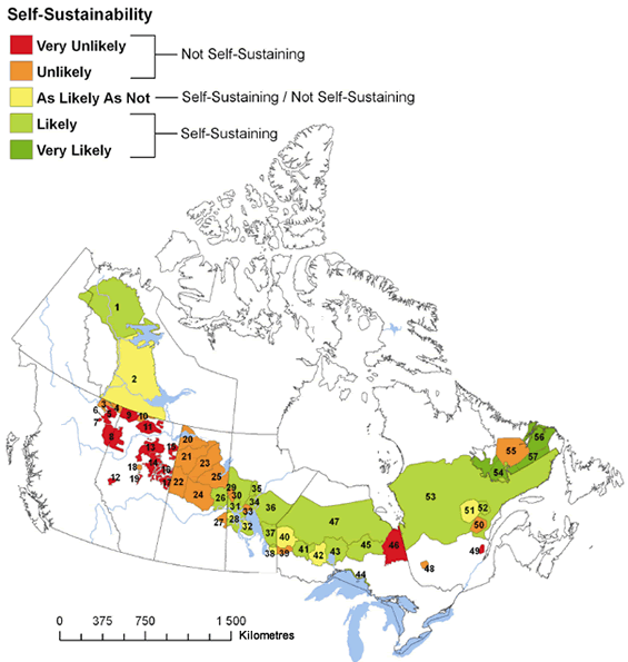 Figure 14. Map of the 57 boreal caribou ranges in Canada. Each range is categorized as either very unlikely, unlikely, as likely as not, likely or very likely of maintaining a self-sustaining population.