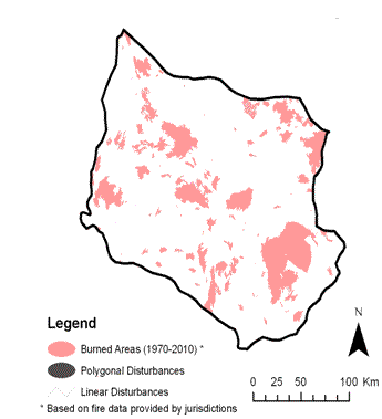 Figure 17. a) map showing areas affected by fire and by linear and polygonal anthropogenic disturbance and b) the probability that the population growth rate is either stable or positive (Pr (λ ≥ stable)) as a function of percent (%) total disturbance based on four (4) hypothetical habitat dynamic scenarios: (1) Current: static conditions;  (2) Recovery Only: passive recovery of old disturbances; (3) Natural Disturbance Only (Nat. Dist. Only): new disturbances created by fire without passive recovery; and (4) Recovery + Nat. Dist.: the combined effects of new fires and passive recovery of old disturbances, averaged for three time intervals (1-20, 21-50, 51-100 yrs). This example is for the Smoothstone-Wapawekka caribou range.