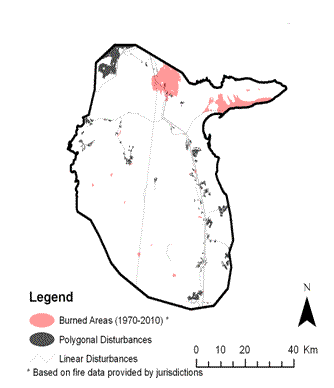 Figure 18. a) map showing areas affected by fire and by linear and polygonal anthropogenic disturbance and b) the probability that the population growth rate is either stable or positive (Pr (λ ≥ stable)) as a function of percent (%) total disturbance based on four (4) hypothetical habitat dynamic scenarios: (1) Current: static conditions;  (2) Recovery Only: passive recovery of old disturbances; (3) Natural Disturbance Only (Nat. Dist. Only): new disturbances created by fire without passive recovery; and (4) Recovery + Nat. Dist.: the combined effects of new fires and passive recovery of old disturbances, averaged for three time intervals (1-20, 21-50, 51-100 yrs). This example is for the North Interlake caribou range.